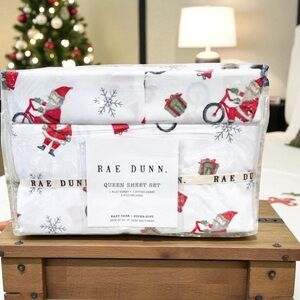 Rae Dunn NEW Christmas QUEEN Size Sheets Set Santa Claus Gifts Snowflakes